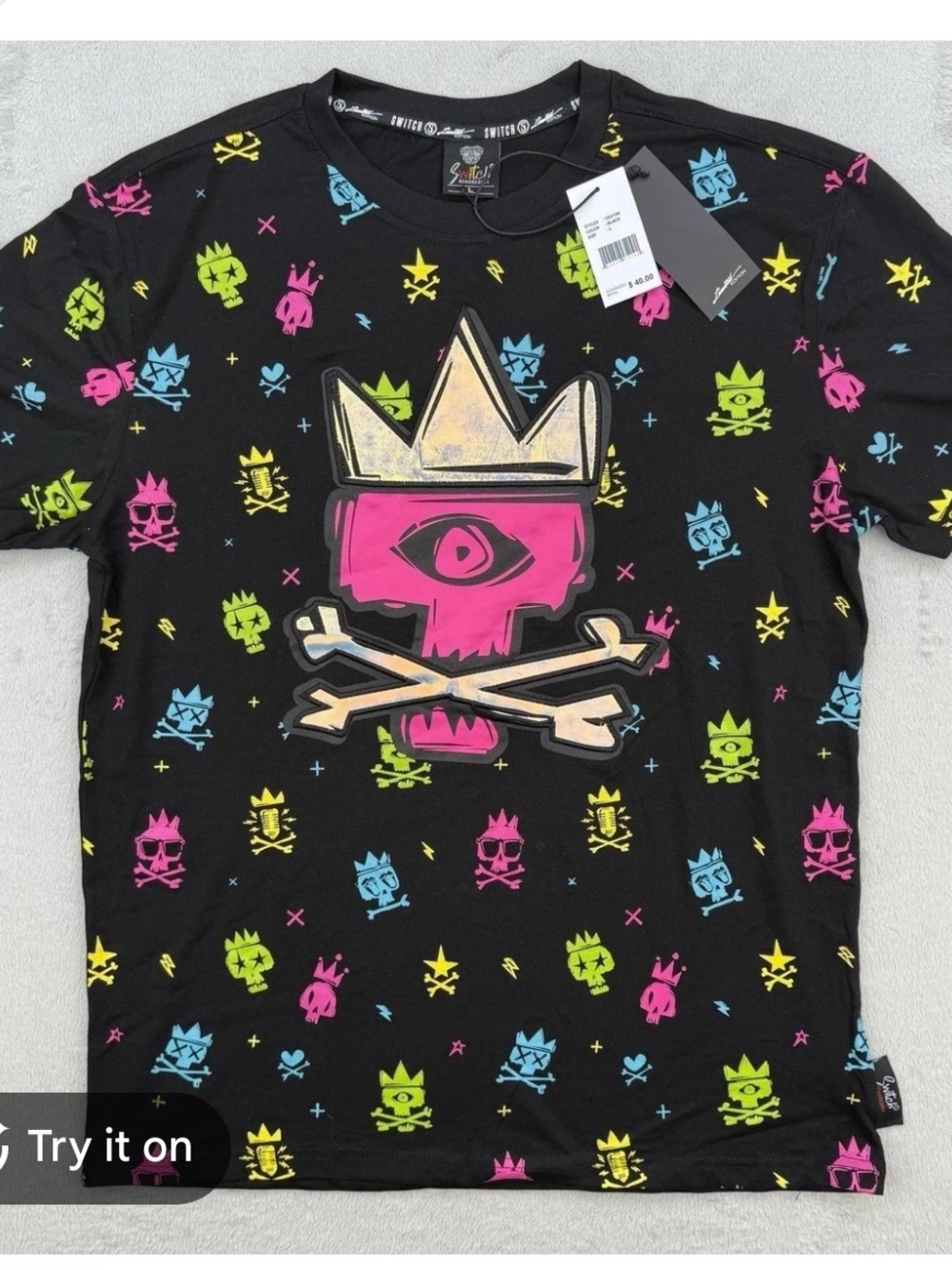 NWT Switch Remarkable Black Graphic Skull Tee - Pink & Multicolor